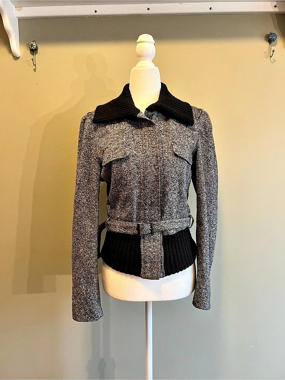 Jean Paul Freiheit 11 Tweed Belted Jacket Black White Rib Knit Collar